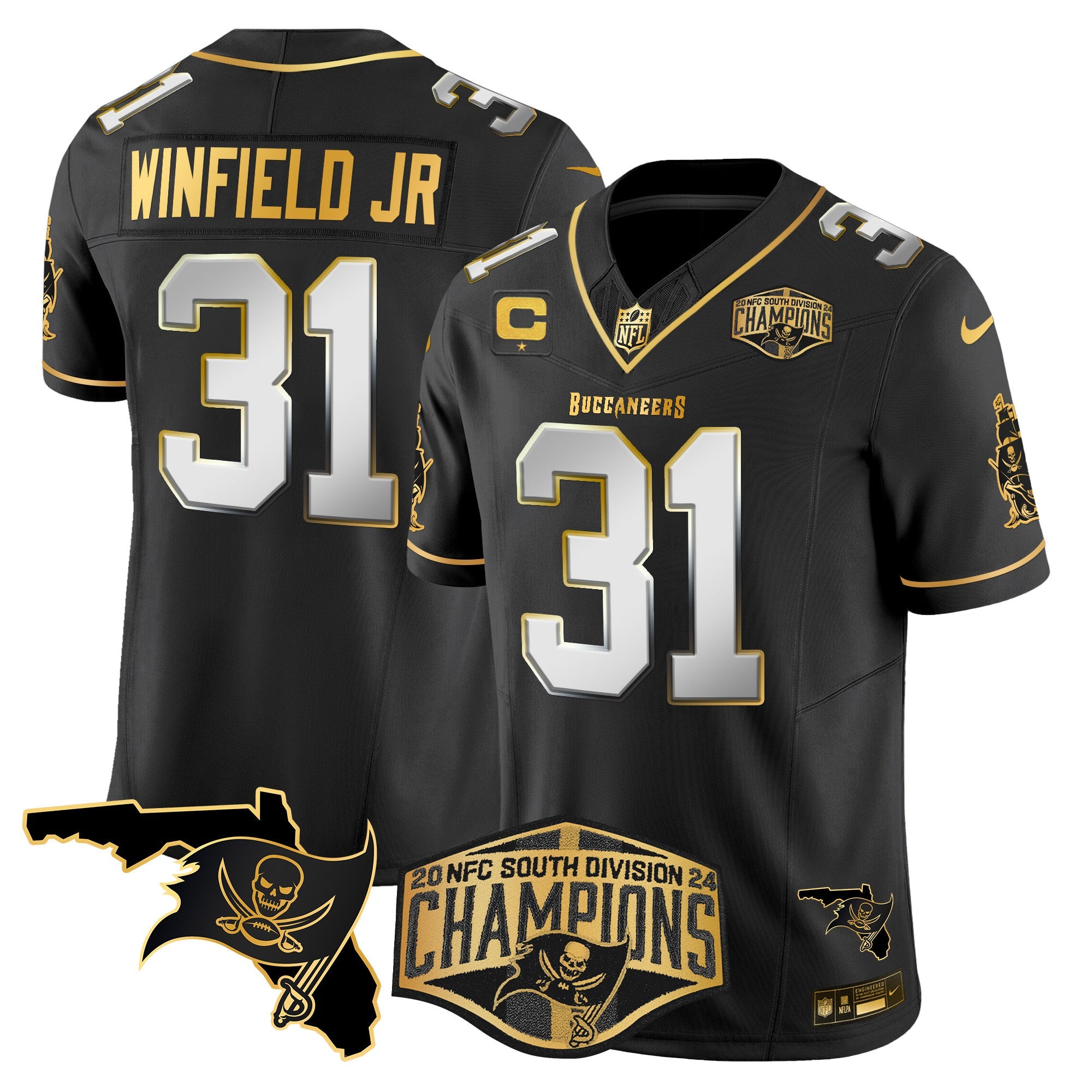 Buccaneers 2024 NFC South Division Champions Patch Gold Vapor Limited Jersey – All Stitched – Black Limited – Antoine Winfield Jr. Jersey