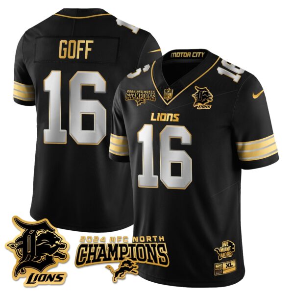 Detroit Lions 2024 NFC North Champions Gold Jersey N1 – All Stitched – Jared Goff – 16 – Black Limited Jersey