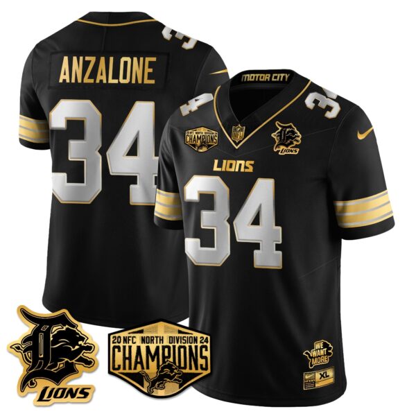 Detroit Lions 2024 NFC North Champions Gold Jersey – All Stitched – Alex Anzalone – 34 – Black Limited Jersey