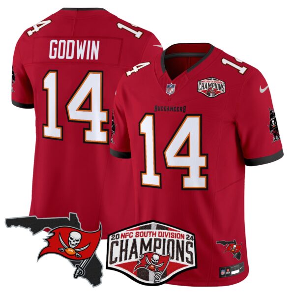 Buccaneers 2024 NFC South Division Champions Patch Vapor Limited Jersey – All Stitched – Red – Chris Godwin Jersey