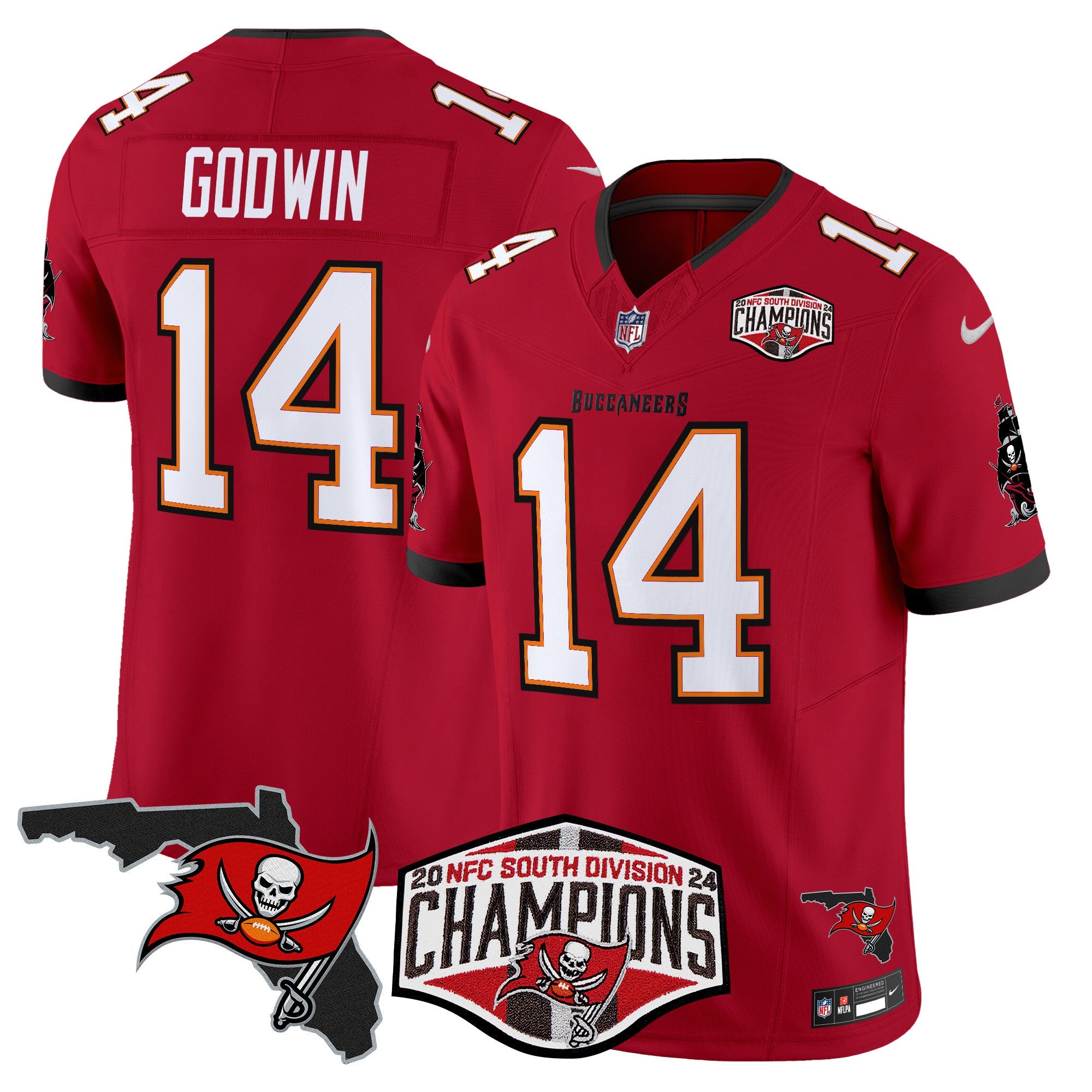 Buccaneers 2024 NFC South Division Champions Patch Vapor Limited Jersey – All Stitched – Red – Chris Godwin Jersey