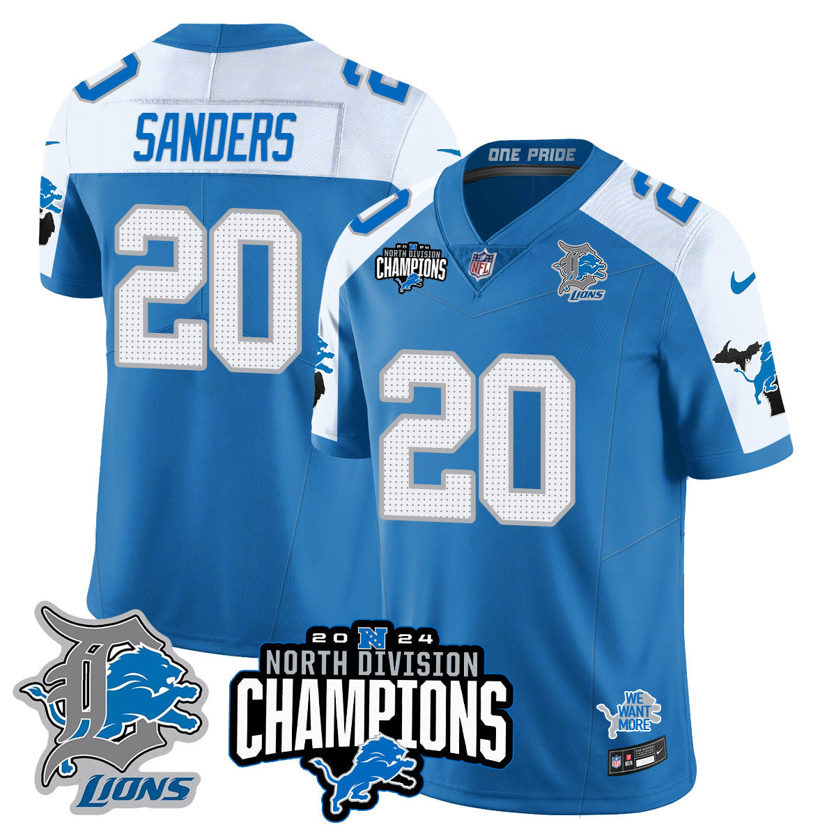 Detroit Lions 2024 NFC North Champions Gold Jersey N2 – All Stitched – Barry Sanders – 20 – Blue Alternate Jersey