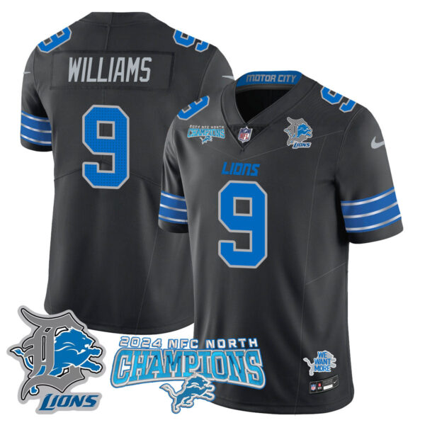Detroit Lions 2024 NFC North Champions Gold Jersey N1 – All Stitched – Jameson Williams – 9 – Black Jersey