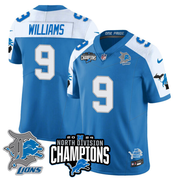 Detroit Lions 2024 NFC North Champions Gold Jersey N2 – All Stitched – Jameson Williams – 9 – Blue Alternate Jersey