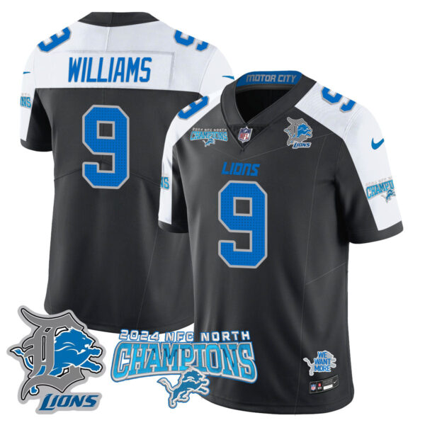 Detroit Lions 2024 NFC North Champions Gold Jersey N1 – All Stitched – Jameson Williams – 9 – Black Alternate Jersey