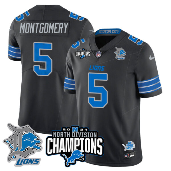 Detroit Lions 2024 NFC North Champions Gold Jersey N2 – All Stitched – David Montgomery – 5 – Black Jersey