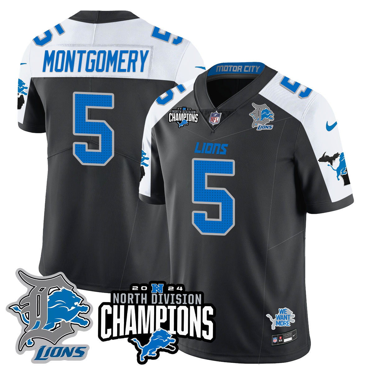 Detroit Lions 2024 NFC North Champions Gold Jersey N2 – All Stitched – David Montgomery – 5 – Black Alternate Jersey