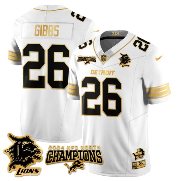 Detroit Lions 2024 NFC North Champions Gold Jersey N1 – All Stitched – Jahmyr Gibbs – 26 – White Gold Jersey