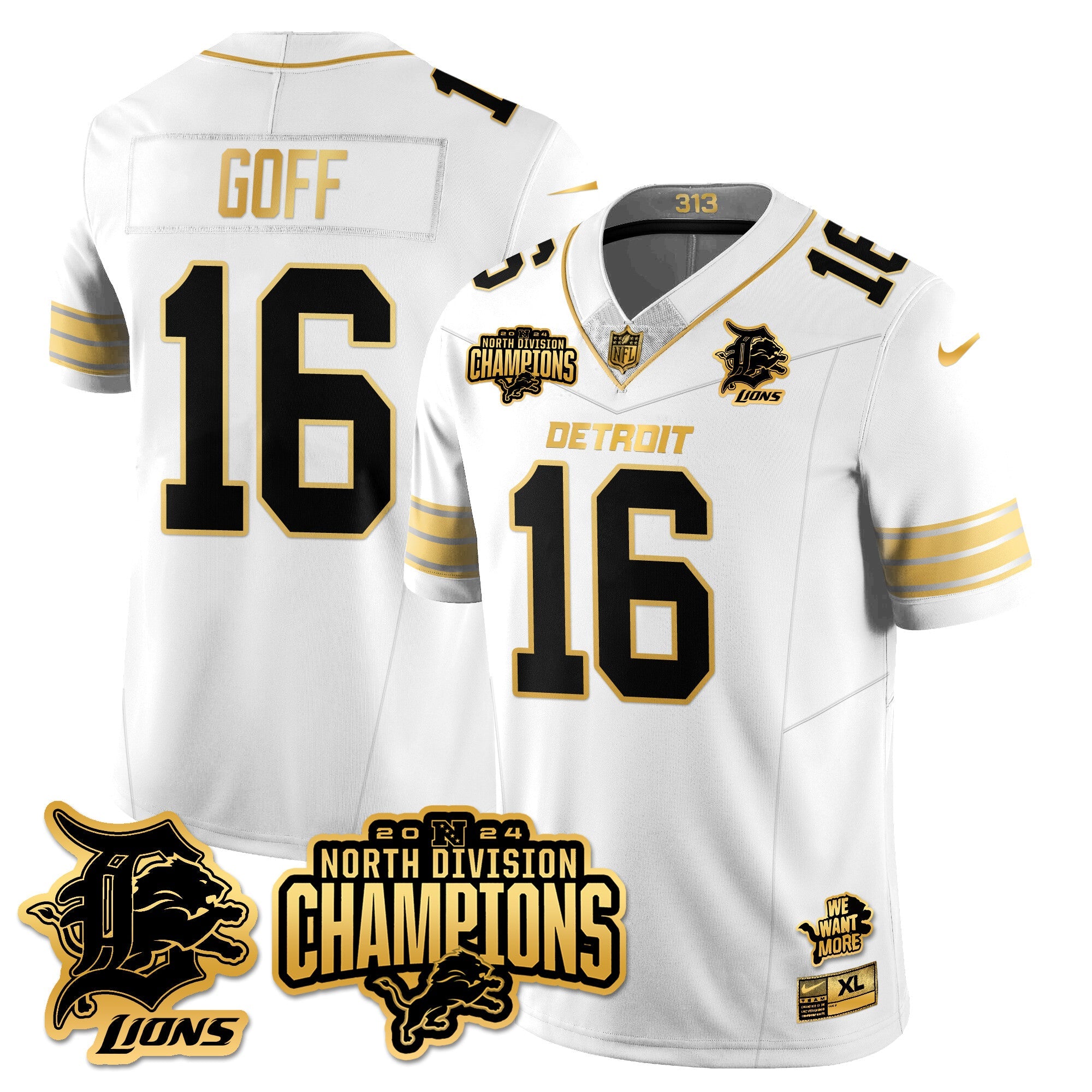 Detroit Lions 2024 NFC North Champions Gold Jersey N2 – All Stitched – Jared Goff – 16 – White Gold Jersey