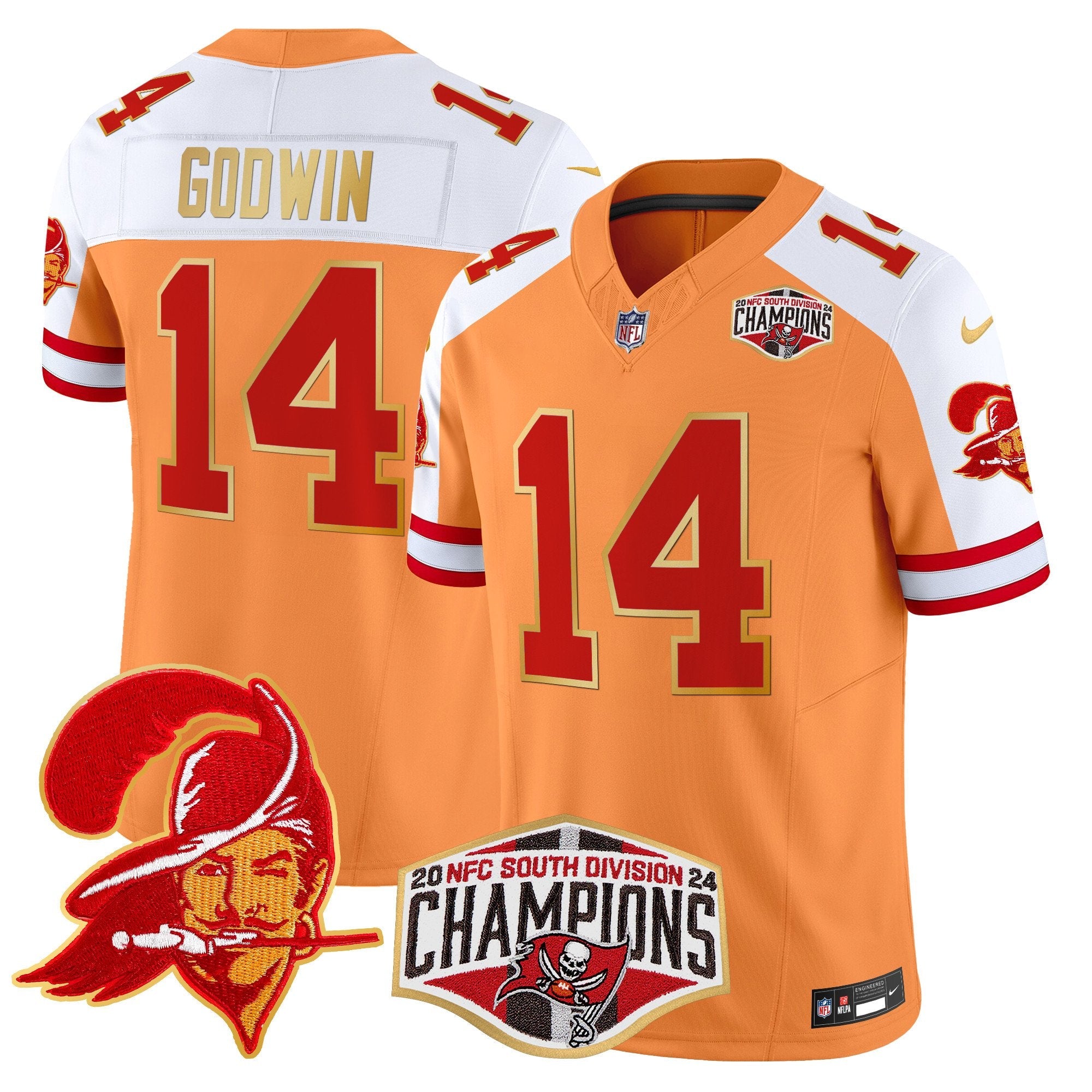 Buccaneers Creamsicle 2024 NFC South Division Champions Patch Gold Trim Vapor Limited Jersey – All Stitched – Creamsicle Alternate – Chris Godwin Jersey