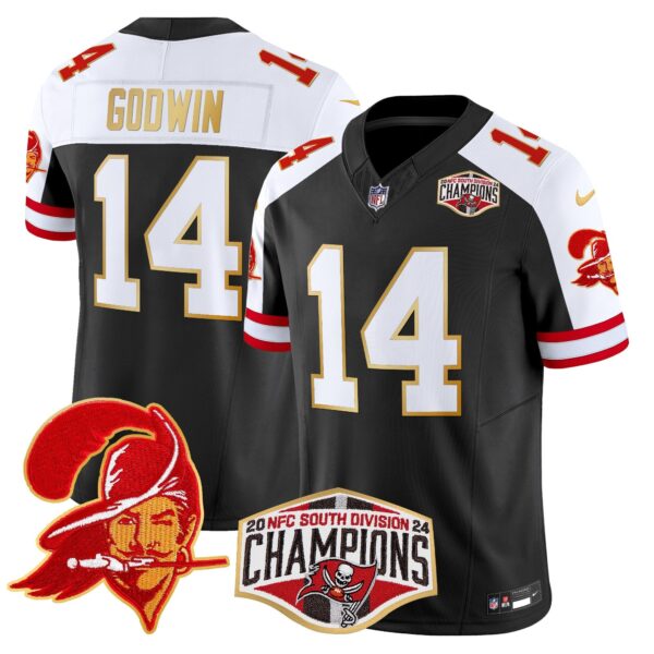 Buccaneers Creamsicle 2024 NFC South Division Champions Patch Gold Trim Vapor Limited Jersey – All Stitched – Black Alternate – Chris Godwin Jersey