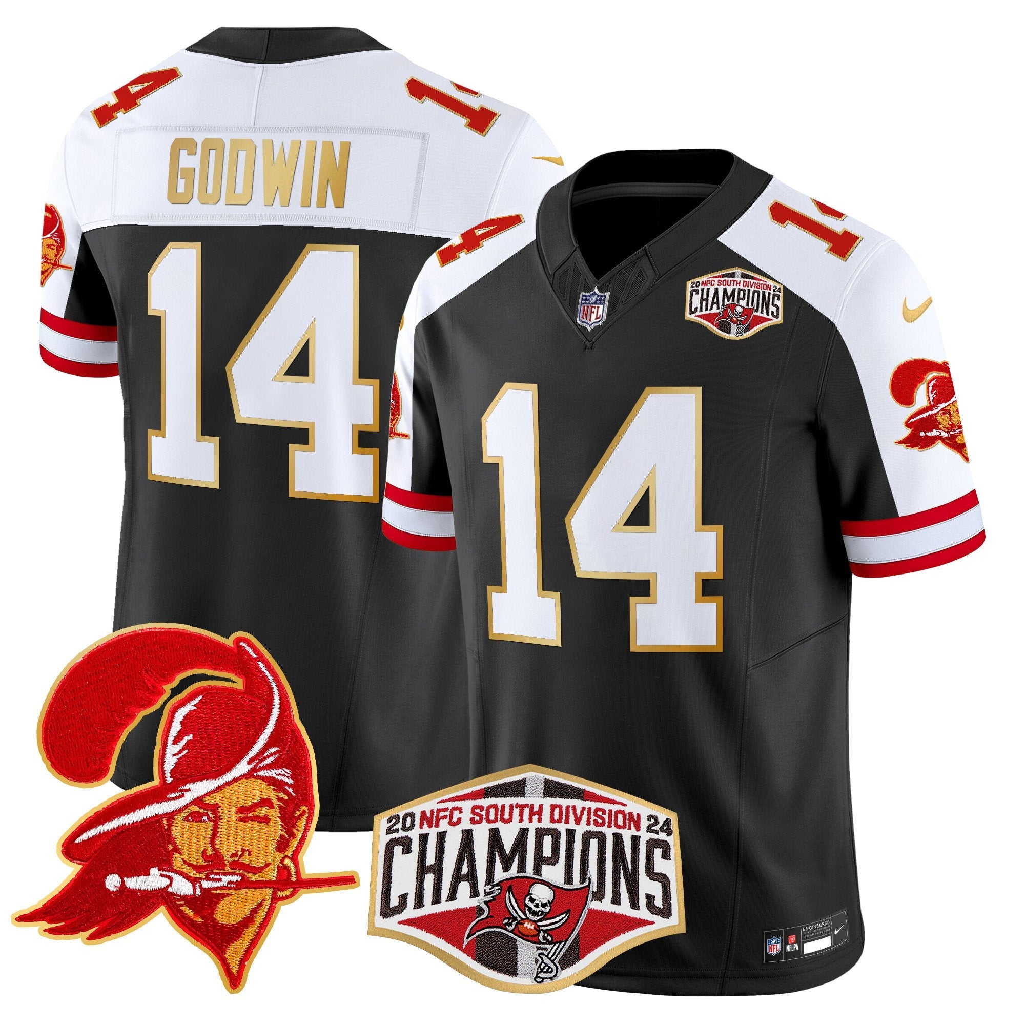 Buccaneers Creamsicle 2024 NFC South Division Champions Patch Gold Trim Vapor Limited Jersey – All Stitched – Black Alternate – Chris Godwin Jersey