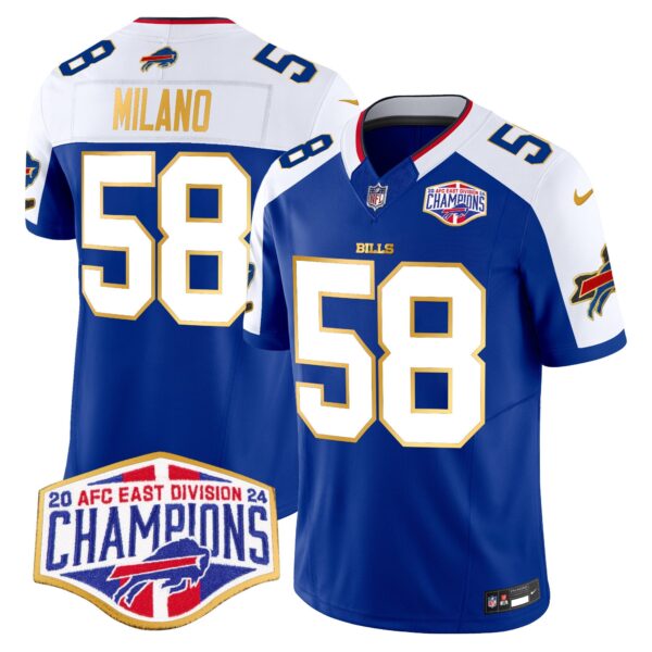 Bills 2024 AFC East Division Champions Gold Trim Vapor Limited Jersey – All Stitched – Royal Alternate – Matt Milano Jersey