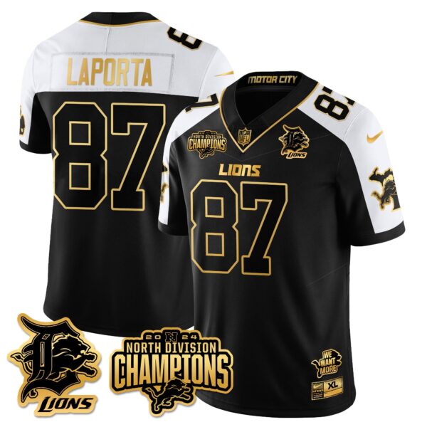 Detroit Lions 2024 NFC North Champions Gold Jersey N2 – All Stitched – Sam LaPorta – 87 – Alternate Jersey