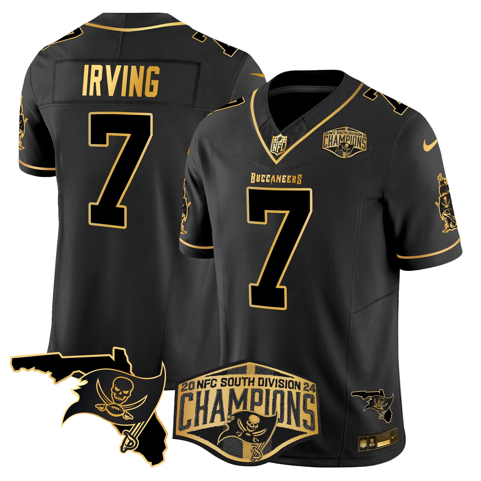 Buccaneers 2024 NFC South Division Champions Patch Gold Vapor Limited Jersey – All Stitched – Black Gold – Bucky Irving Jersey