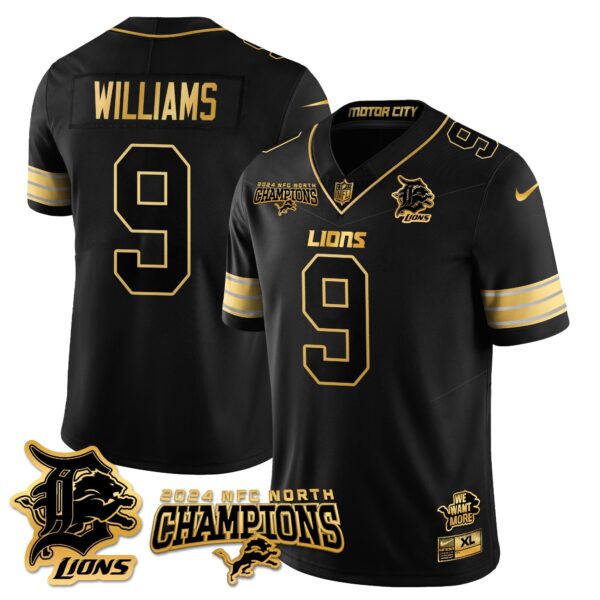 Detroit Lions 2024 NFC North Champions Gold Jersey N1 – All Stitched – Jameson Williams – 9 – Black Gold Jersey