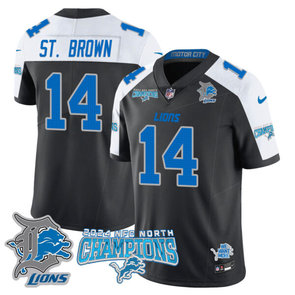 Detroit Lions 2024 NFC North Champions Gold Jersey N1 – All Stitched – Amon-Ra St. Brown – 14 – Black Alternate Jersey