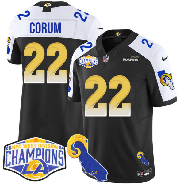 Los Angeles Rams 2024 NFC West Division Champions Jersey N1 – All Stitched – Blake Corum – 22 – Black Alternate Jersey