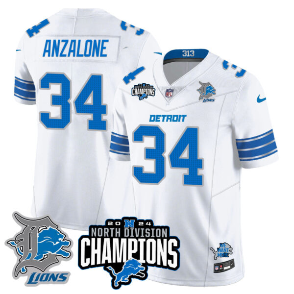 Detroit Lions 2024 NFC North Champions Gold Jersey N2 – All Stitched – Alex Anzalone – 34 – White Jersey