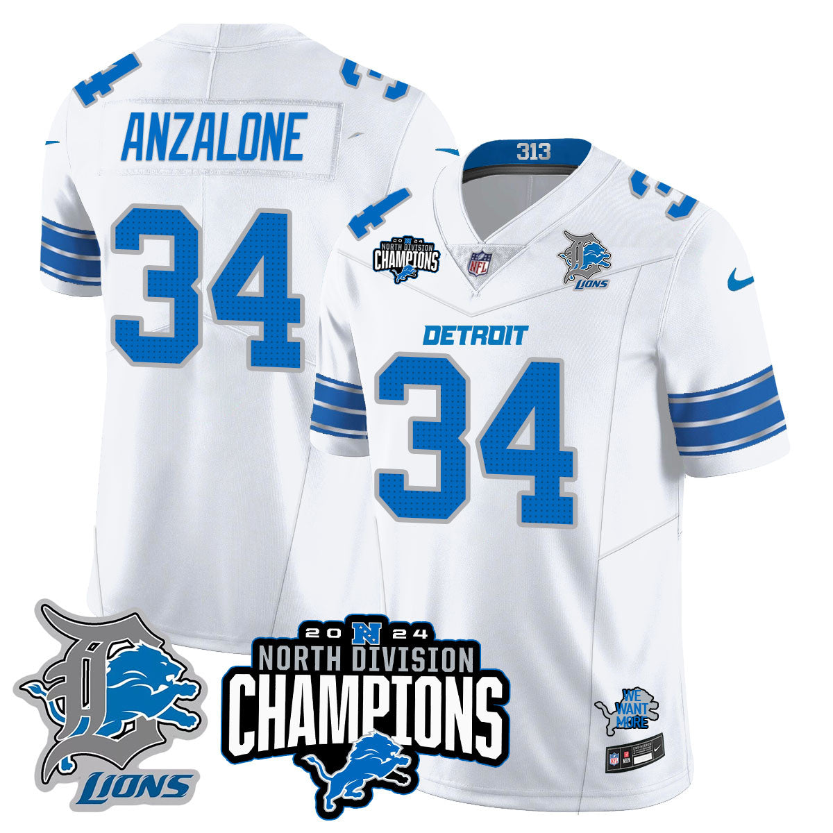 Detroit Lions 2024 NFC North Champions Gold Jersey N2 – All Stitched – Alex Anzalone – 34 – White Jersey