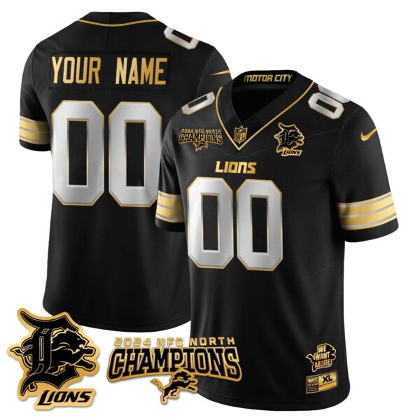 Custom Gender/Name Detroit Lions 2024 NFC North Champions Gold Jersey N1 – All Stitche – Black Limited Jersey