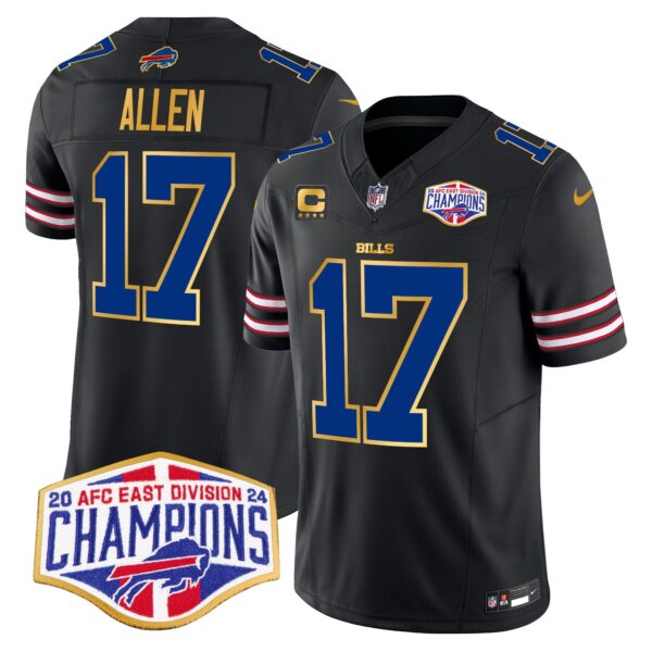 Bills 2024 AFC East Division Champions Gold Trim Vapor Limited Jersey – All Stitched – Black – Josh Allen Jersey