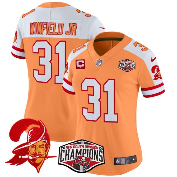 Women’s Tampa Bay Buccaneers Creamsicle 2024 NFC South Division Champions Patch Vapor Limited Jersey – All Stitched – Creamsicle Alternate – Antoine Winfield Jr. Jersey