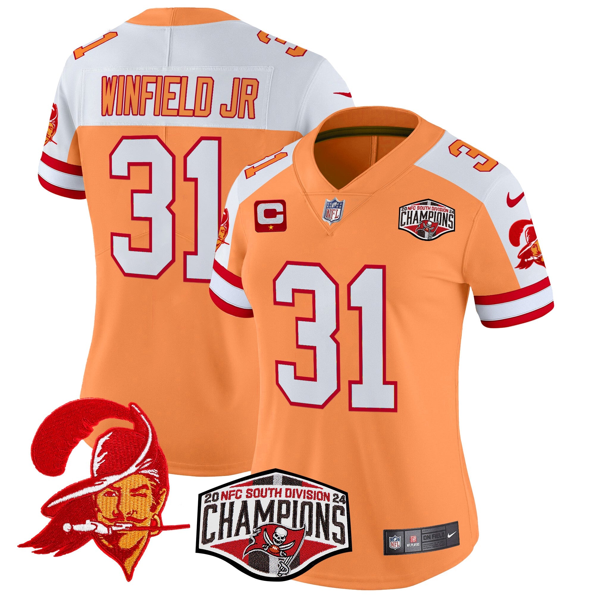 Women’s Tampa Bay Buccaneers Creamsicle 2024 NFC South Division Champions Patch Vapor Limited Jersey – All Stitched – Creamsicle Alternate – Antoine Winfield Jr. Jersey
