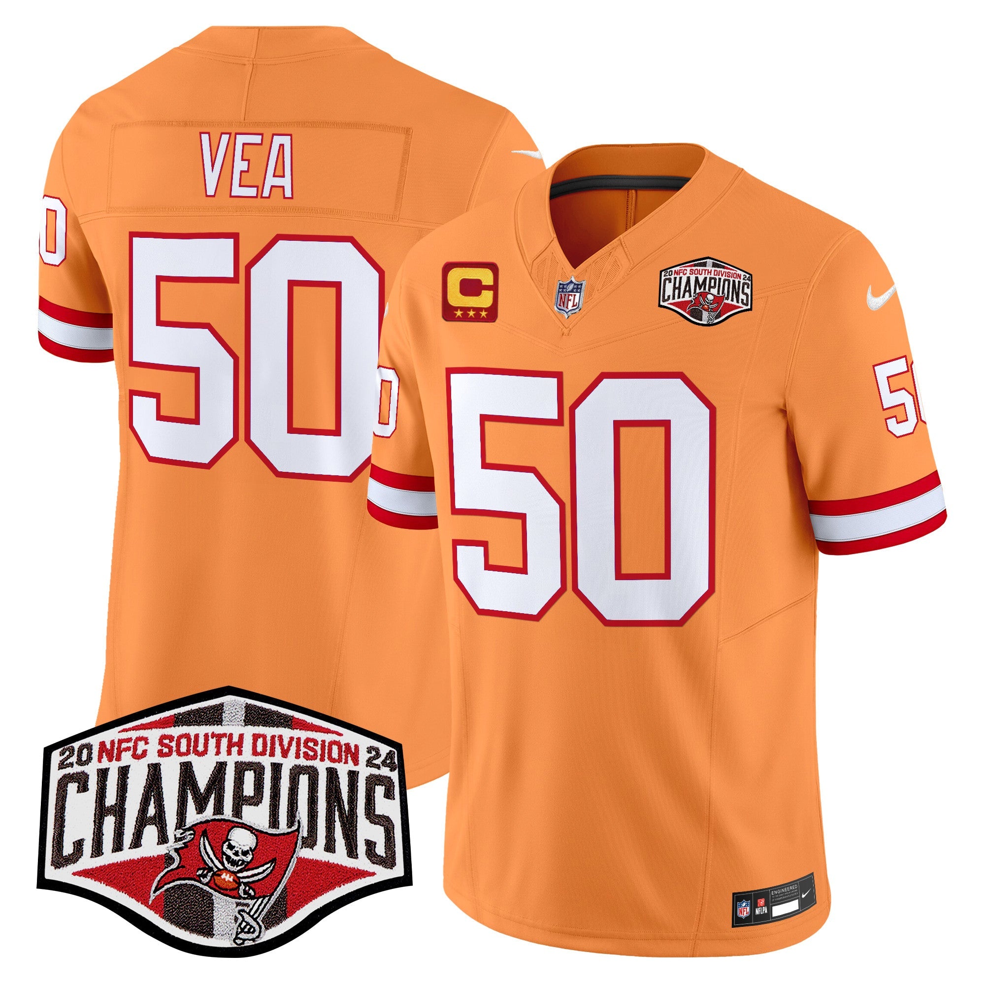Tampa Bay Buccaneers Throwback 2024 NFC South Division Champions Patch Vapor Limited Jersey – All Stitched – Creamsicle – Vita Vea Jersey