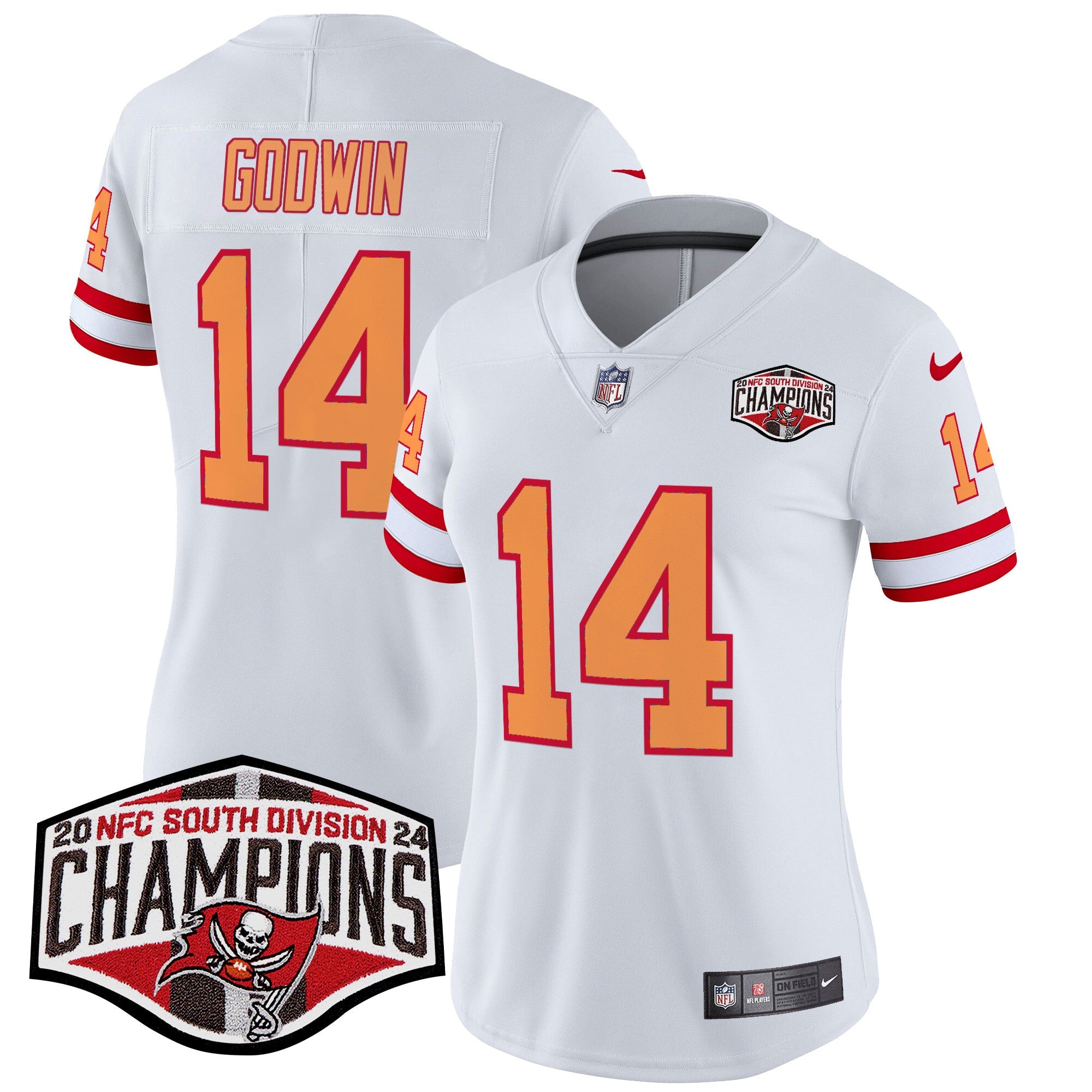 Women’s Tampa Bay Buccaneers Creamsicle 2024 NFC South Division Champions Patch Vapor Limited Jersey – All Stitched – White – Chris Godwin Jersey