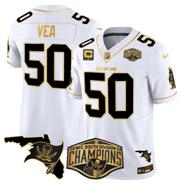 Buccaneers 2024 NFC South Division Champions Patch Gold Vapor Limited Jersey – All Stitched – White Gold – Vita Vea Jersey