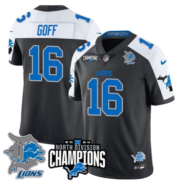 Detroit Lions 2024 NFC North Champions Gold Jersey N2 – All Stitched – Jared Goff – 16 – Black Alternate Jersey