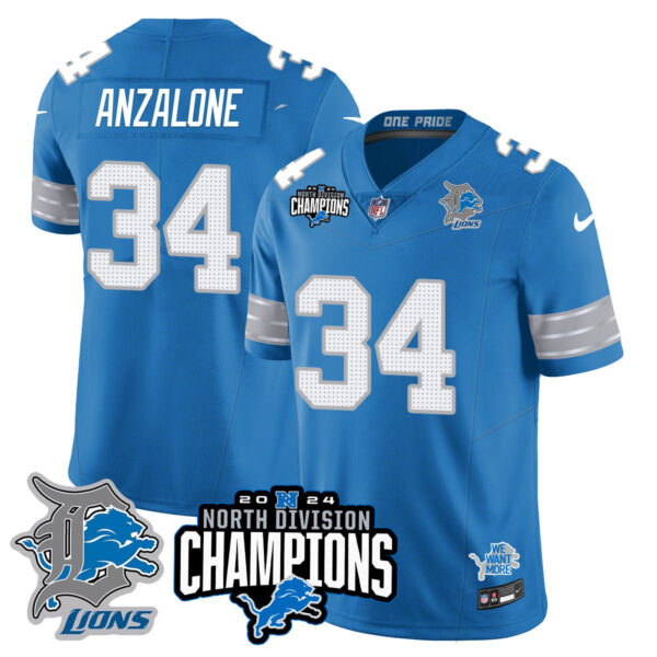 Detroit Lions 2024 NFC North Champions Gold Jersey N2 – All Stitched – Alex Anzalone – 34 – Blue Jersey