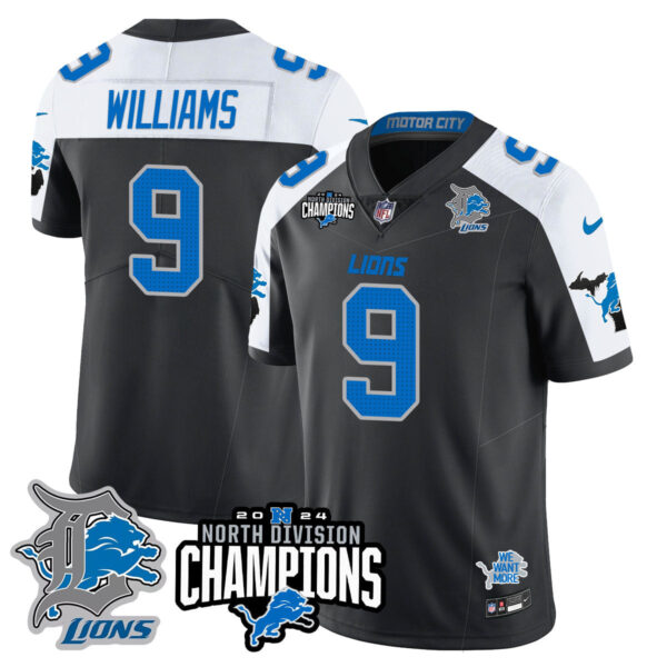 Detroit Lions 2024 NFC North Champions Gold Jersey N2 – All Stitched – Jameson Williams – 9 – Black Alternate Jersey