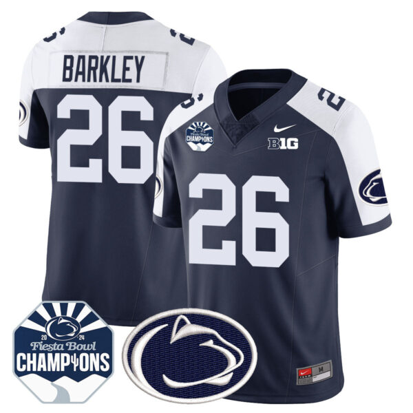 Penn State Nittany Lions 2024 Fiesta Bowl Champions Jersey – All Stitched – Navy Alternate – Saquon Barkley Jersey