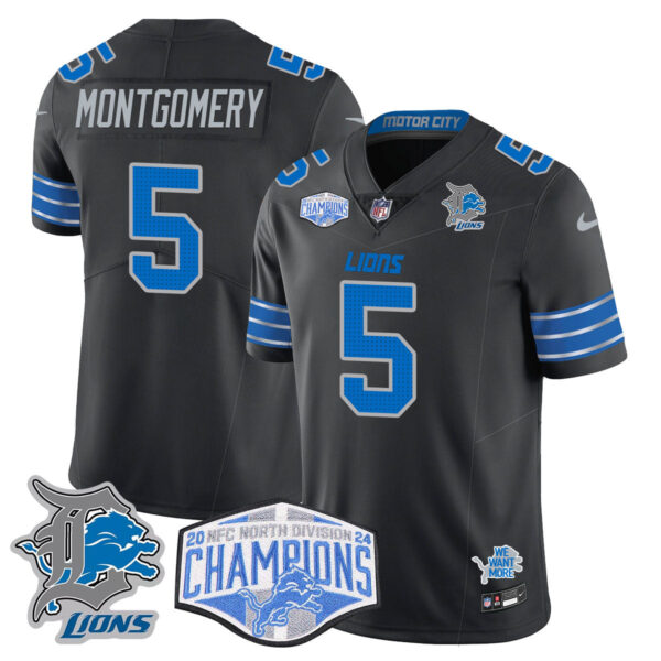 Detroit Lions 2024 NFC North Champions Gold Jersey – All Stitched – David Montgomery – 5 – Black Jersey