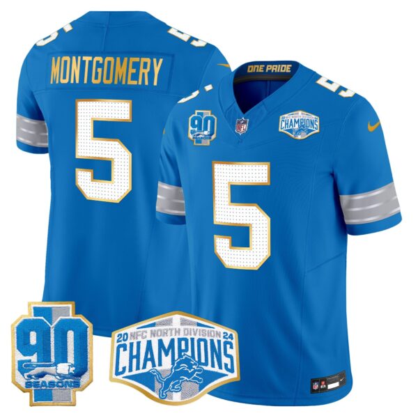 Detroit Lions 2024 NFC North Division Champions Patch Gold Trim Vapor Limited Jersey – All Stitched – Blue – David Montgomery Jersey