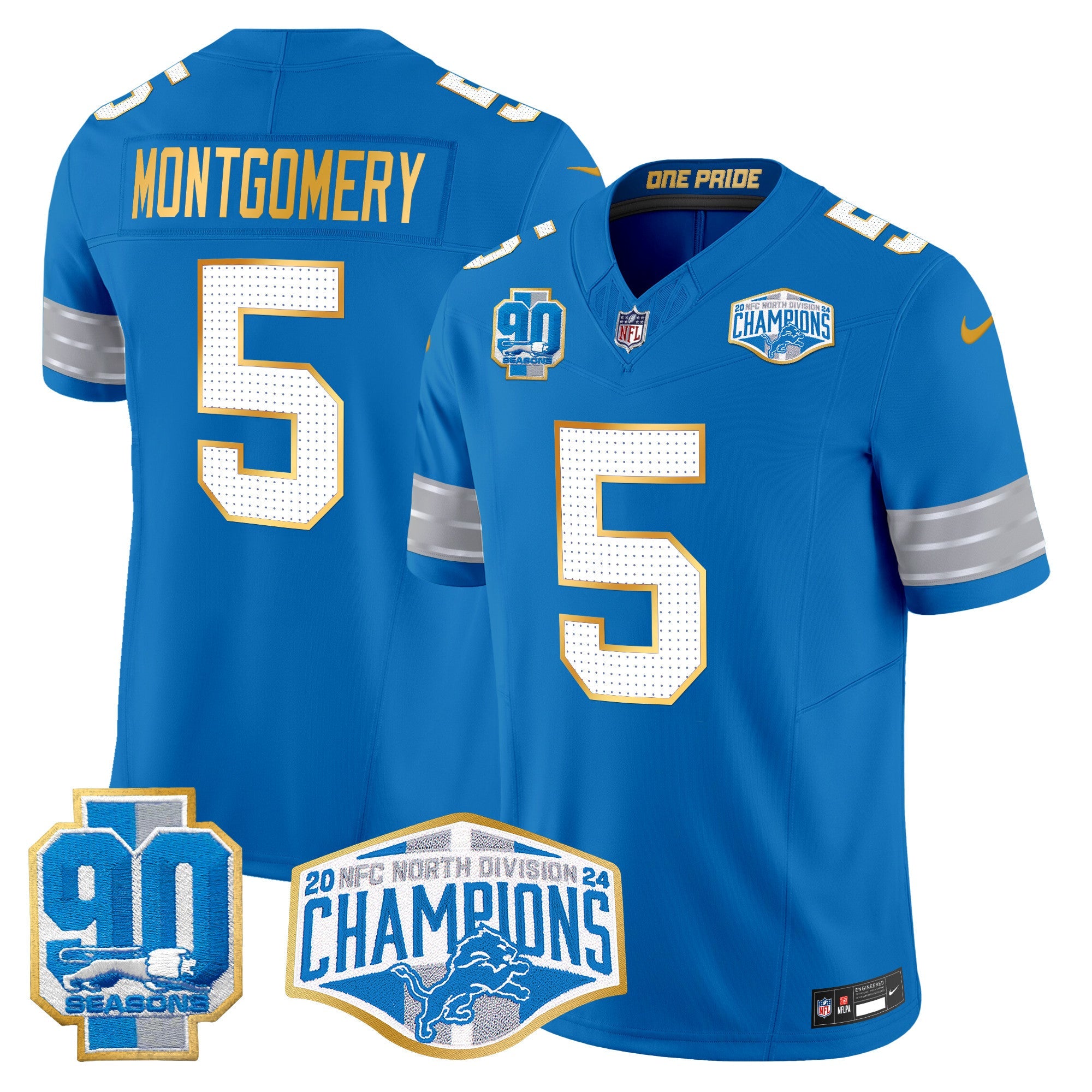 Detroit Lions 2024 NFC North Division Champions Patch Gold Trim Vapor Limited Jersey – All Stitched – Blue – David Montgomery Jersey