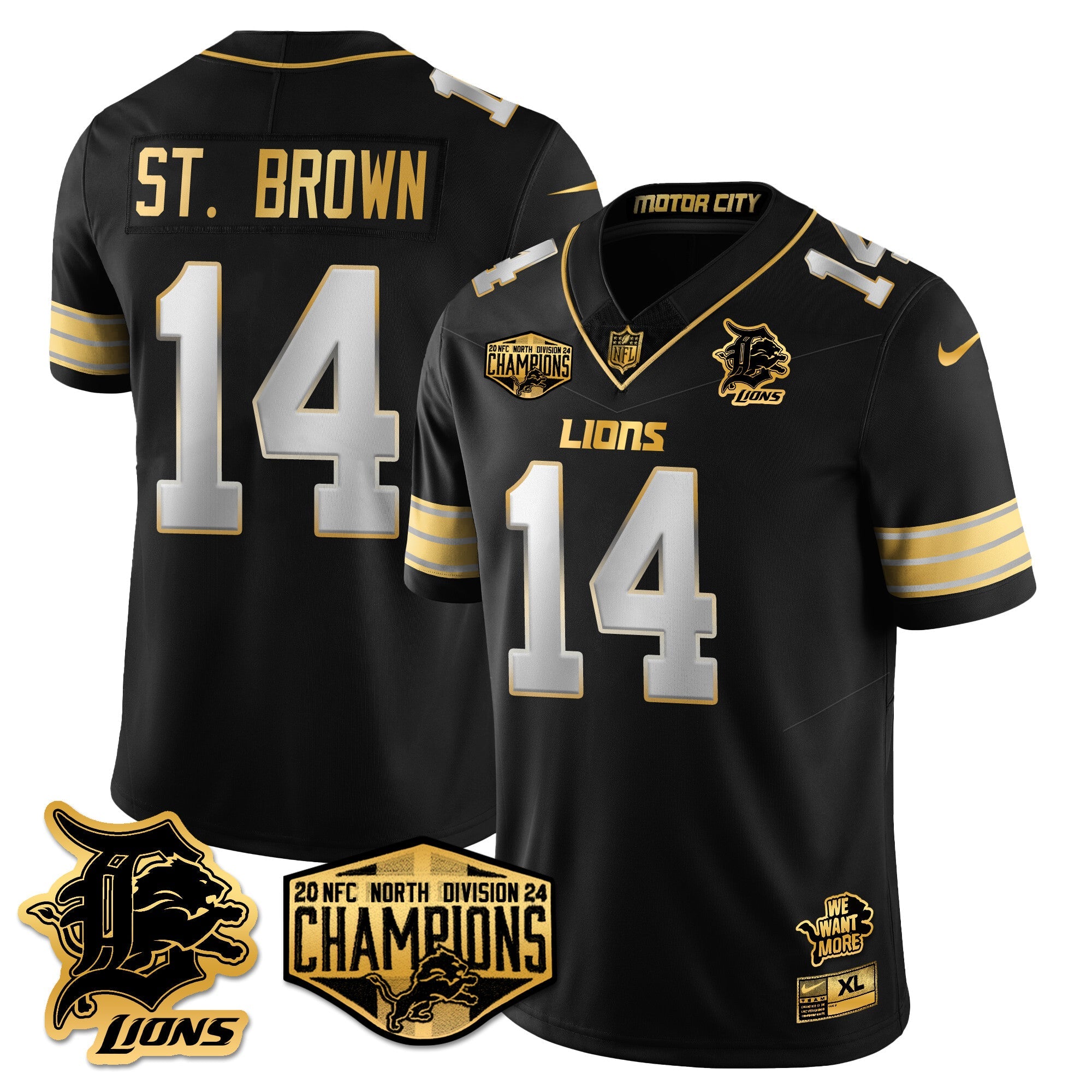 Detroit Lions 2024 NFC North Champions Gold Jersey – All Stitched – Amon-Ra St. Brown – 14 – Black Limited Jersey