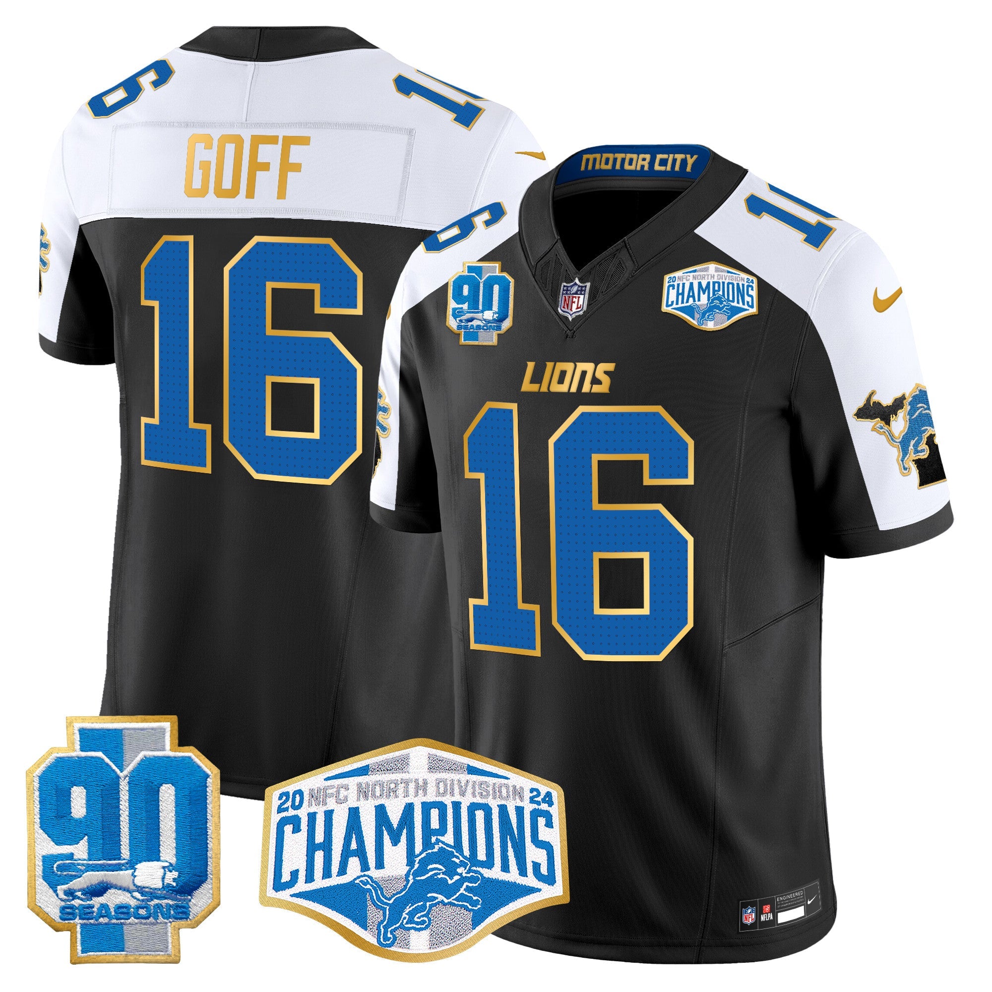 Detroit Lions 2024 NFC North Division Champions Patch Gold Trim Vapor Limited Jersey – All Stitched – Black Alternate – Jared Goff Jersey