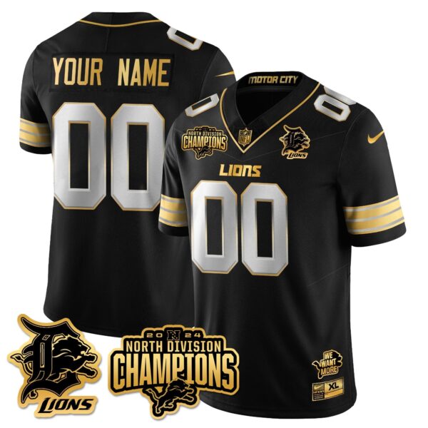 Custom Gender/Name Detroit Lions 2024 NFC North Champions Gold Jersey N2 – All Stitched – Black Limited Jersey