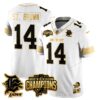 Detroit Lions 2024 NFC North Champions Gold Jersey N2 – All Stitched – Amon-Ra St. Brown – 14 – White Gold Jersey