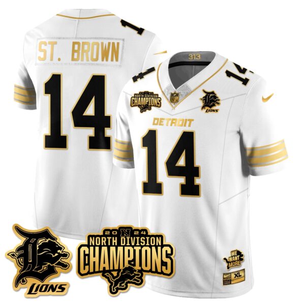 Detroit Lions 2024 NFC North Champions Gold Jersey N2 – All Stitched – Amon-Ra St. Brown – 14 – White Gold Jersey