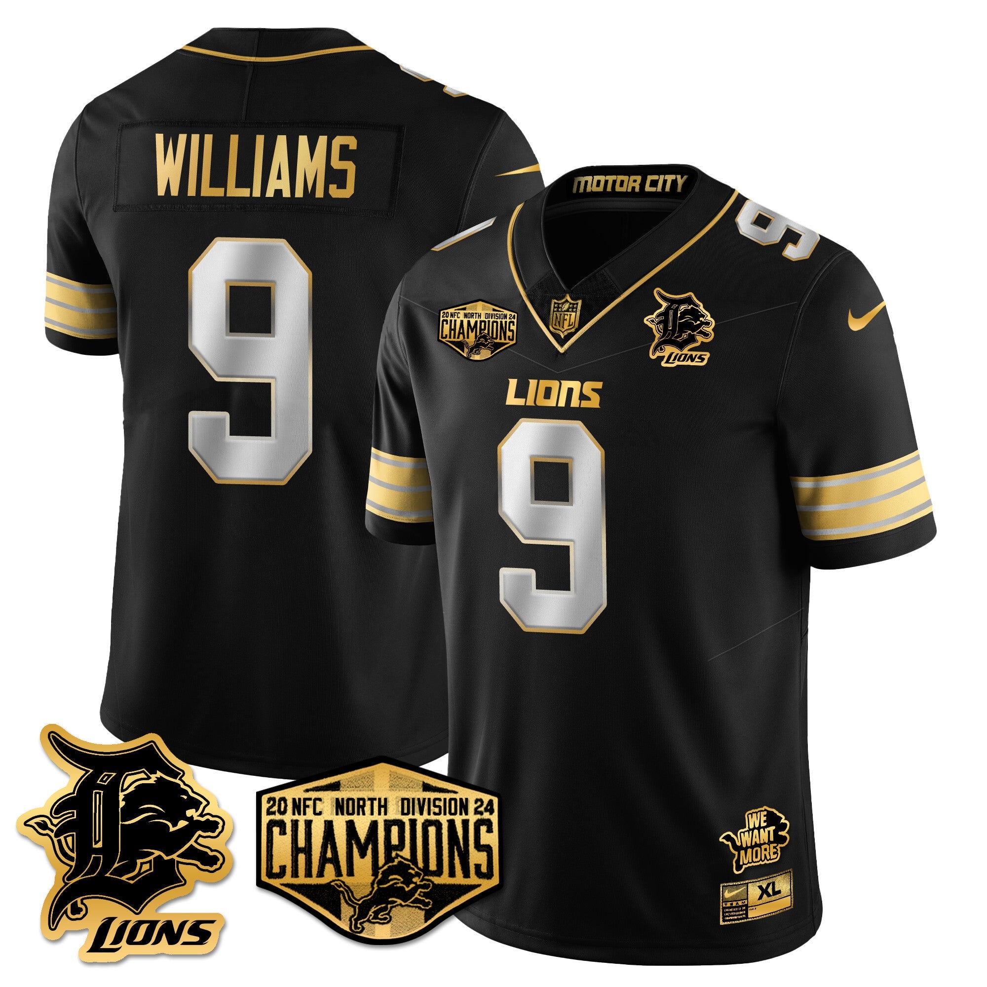 Detroit Lions 2024 NFC North Champions Gold Jersey – All Stitched – Jameson Williams – 9 – Black Limited Jersey
