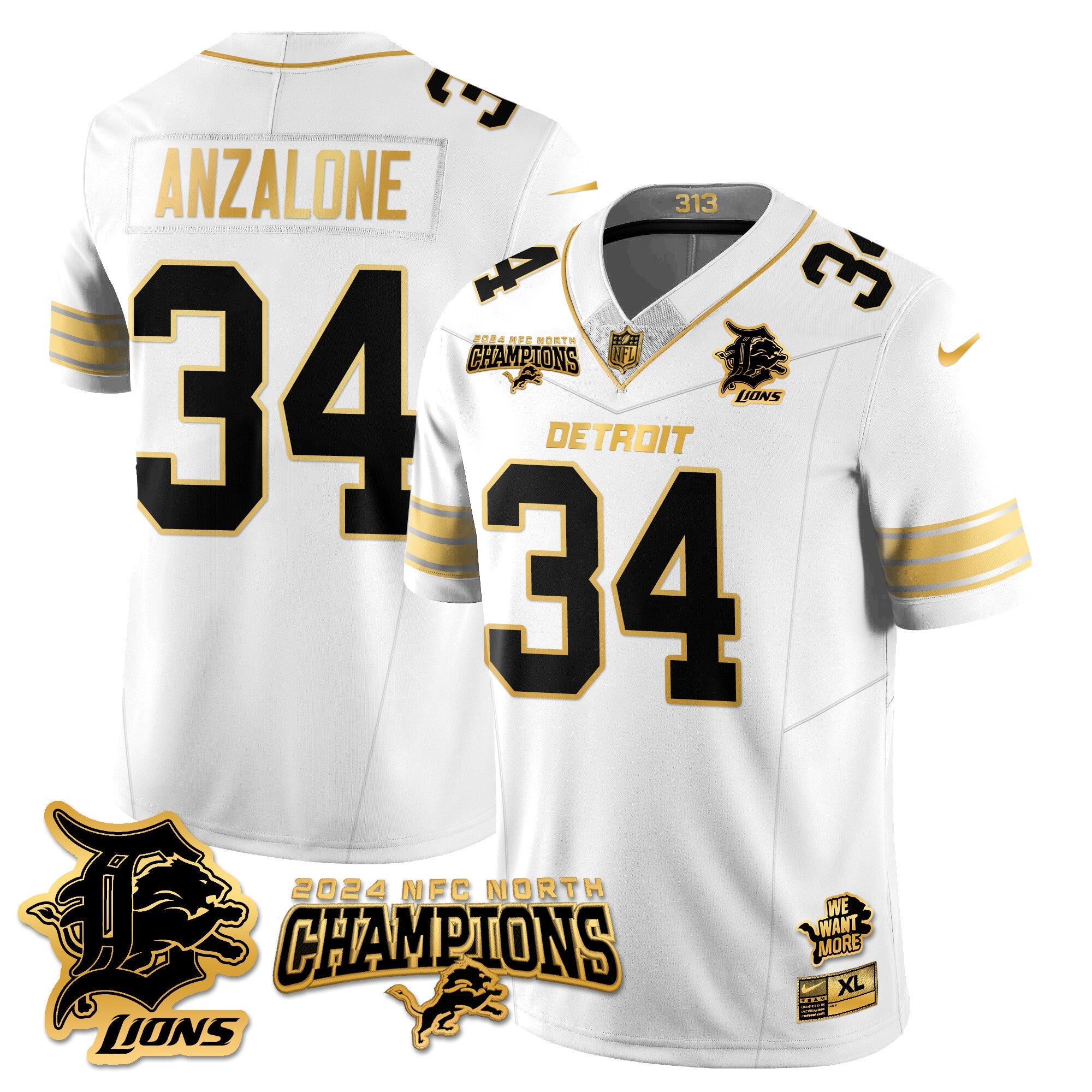 Detroit Lions 2024 NFC North Champions Gold Jersey N1 – All Stitched – Alex Anzalone – 34 – White Gold Jersey