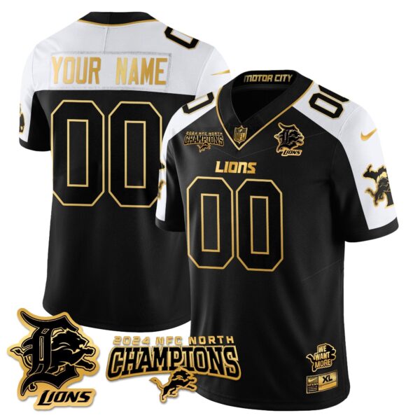 Custom Gender/Name Detroit Lions 2024 NFC North Champions Gold Jersey N1 – All Stitche – Alternate Jersey