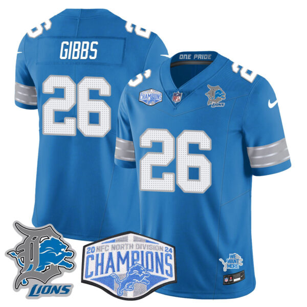 Detroit Lions 2024 NFC North Champions Gold Jersey – All Stitched – Jahmyr Gibbs – 26 – Blue Jersey