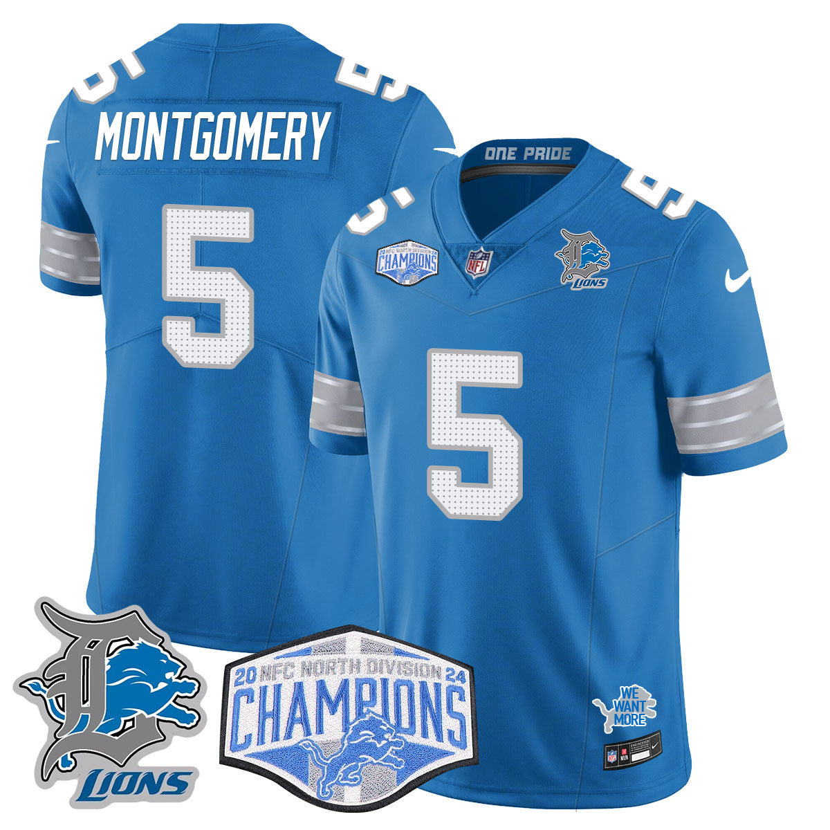 Detroit Lions 2024 NFC North Champions Gold Jersey – All Stitched – David Montgomery – 5 – Blue Jersey