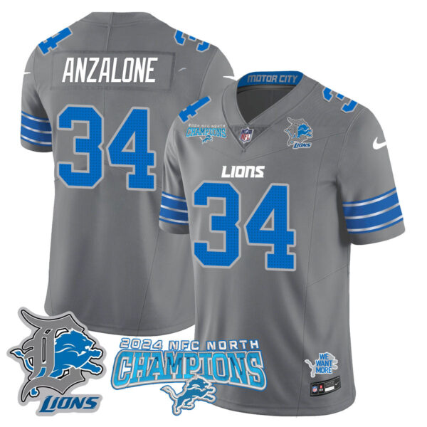 Detroit Lions 2024 NFC North Champions Gold Jersey N1 – All Stitched – Alex Anzalone – 34 – Gray Jersey