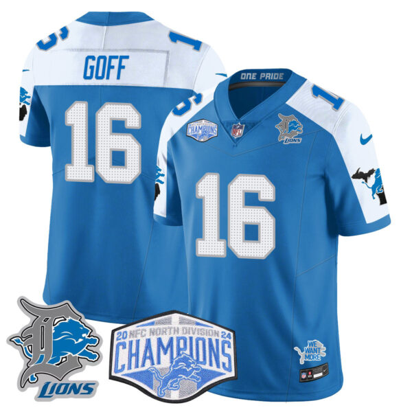 Detroit Lions 2024 NFC North Champions Gold Jersey – All Stitched – Jared Goff – 16 – Blue Alternate Jersey